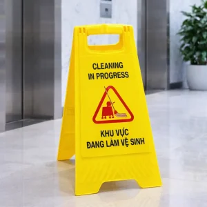 Biển cảnh báo chữ A khu vực đang làm vệ sinh